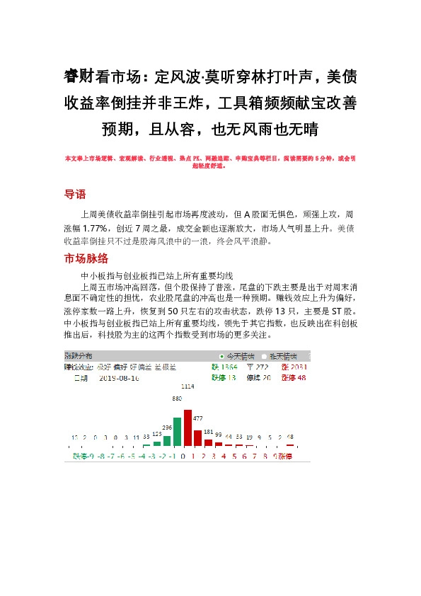 睿财看市场：定风波·莫听穿林打叶声，美债收益率倒挂并非王炸，工具箱频频献宝改善预期，且从容，也无风雨也无晴