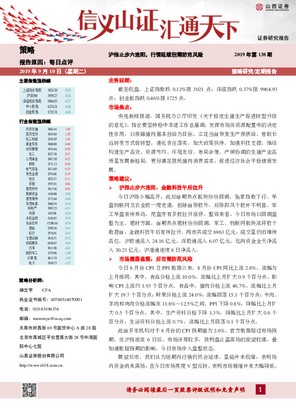 每日点评：沪指止步六连阳，行情延续但需防范风险