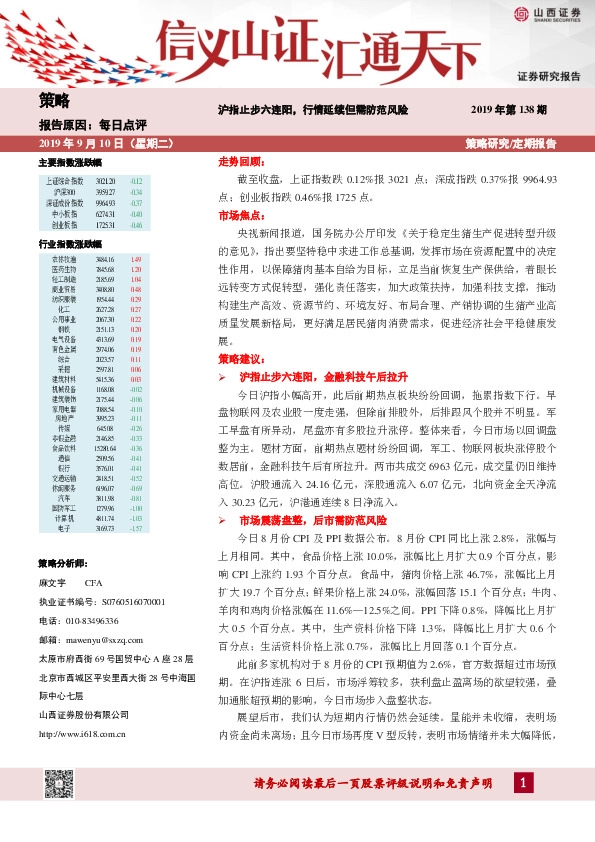 每日点评：沪指止步六连阳，行情延续但需防范风险