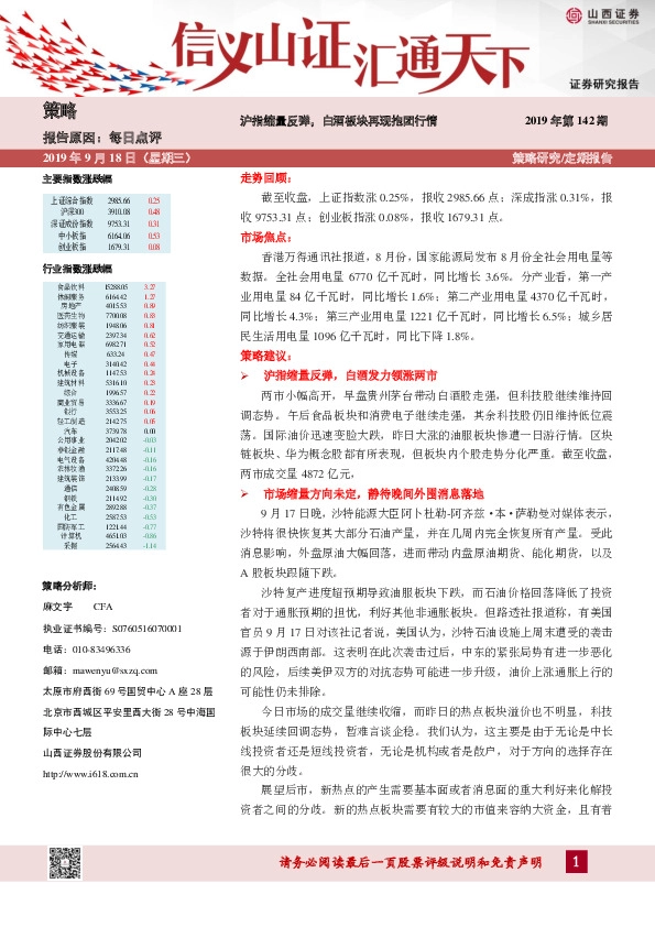 每日点评2019年第142期：沪指缩量反弹，白酒板块再现抱团行情