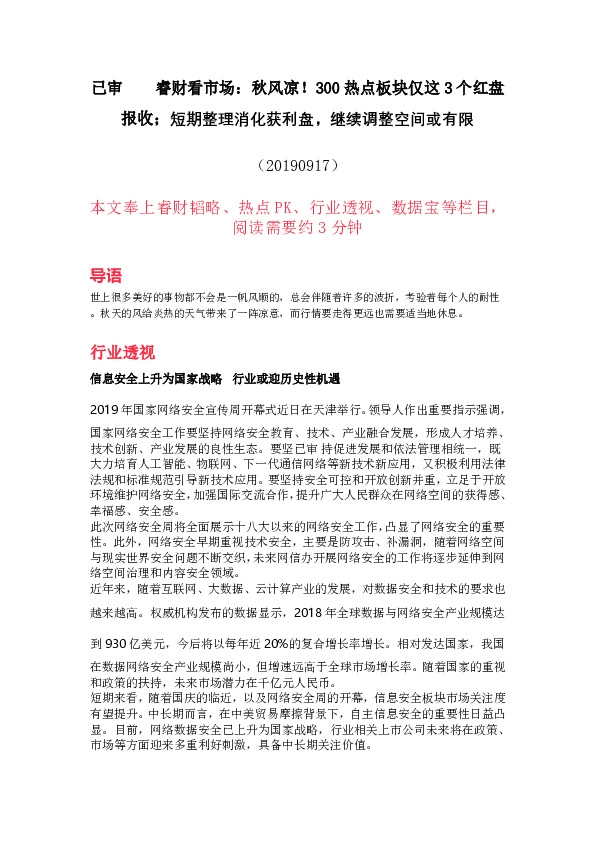 睿财看市场：秋风凉！300热点板块仅这3个红盘报收；短期整理消化获利盘，继续调整空间或有限