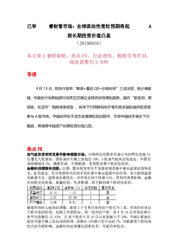睿财看市场：全球流动性宽松预期再起 股长期投资价值凸显