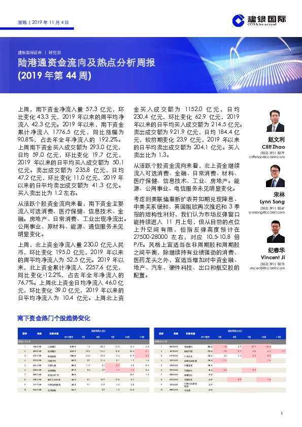 陆港通资金流向及热点分析周报（2019年第44周）