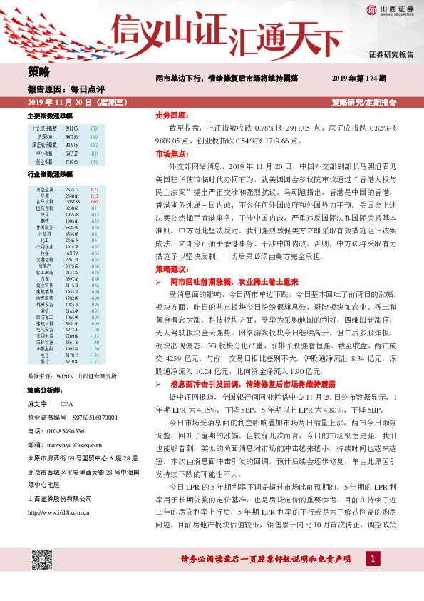 每日点评：两市单边下行，情绪修复后市场将维持震荡