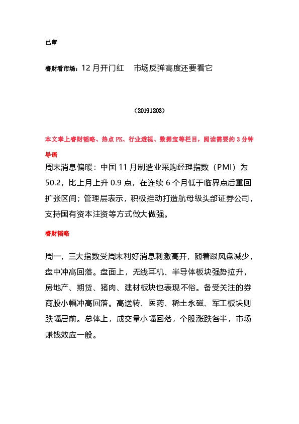 睿财看市场：12月开门红 市场反弹高度还要看它