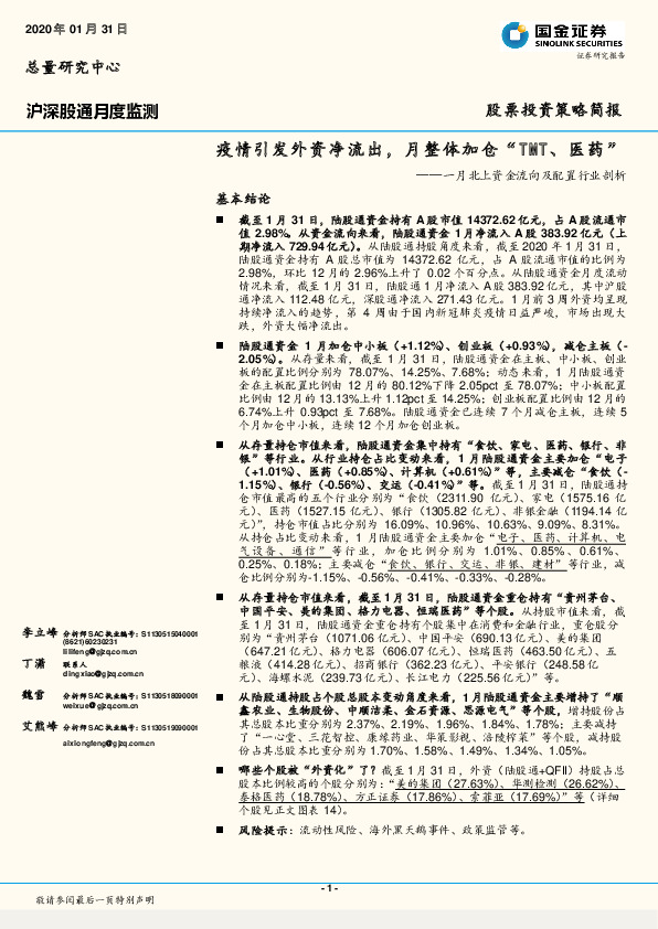 一月北上资金流向及配置行业剖析：疫情引发外资净流出，月整体加仓“TMT、医药”