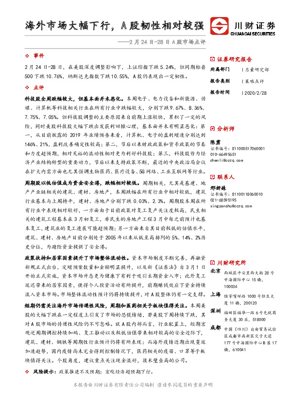 A股市场点评：海外市场大幅下行，A股韧性相对较强