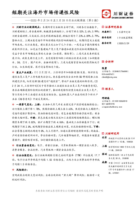 行业比较周报（第5期）：短期关注海外市场传递性风险