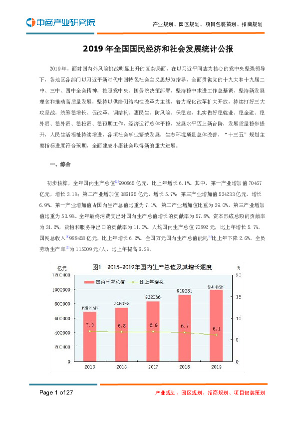 2019年全国国民经济和社会发展统计公报