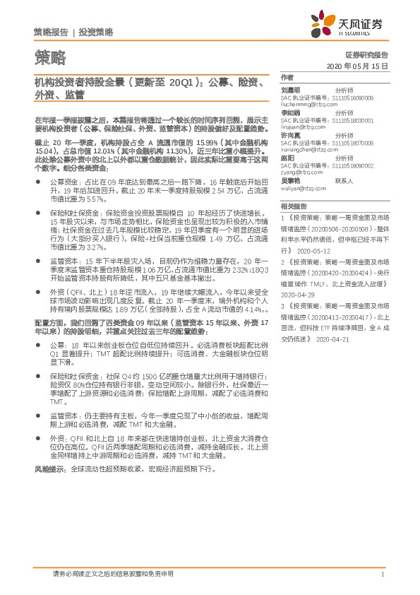 策略：机构投资者持股全景（更新至20Q1）：公募、险资、外资、监管