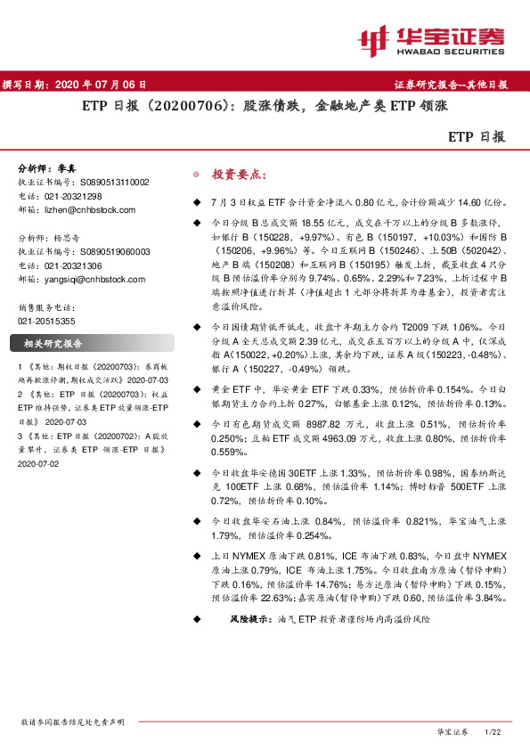 ETP日报：股涨债跌，金融地产类ETP领涨