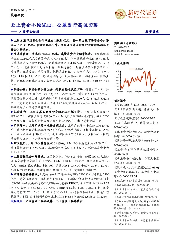 A股资金追踪：北上资金小幅流出，公募发行高位回落