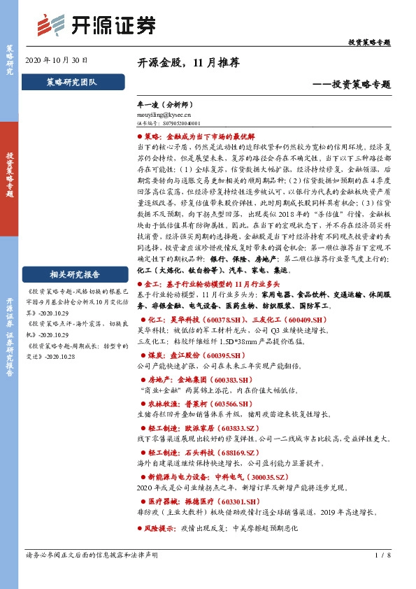 投资策略专题：开源金股，11月推荐