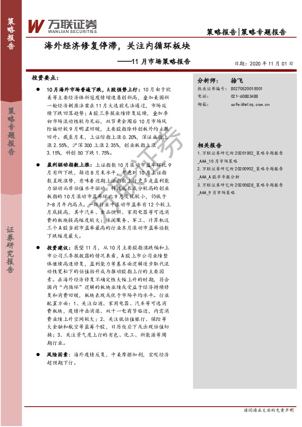 11月市场策略报告：海外经济修复停滞，关注内循环板块