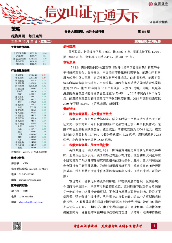 每日点评：指数大幅调整，关注主线行情