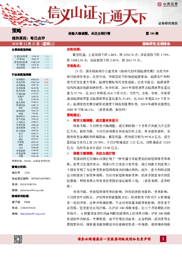 每日点评：指数大幅调整，关注主线行情