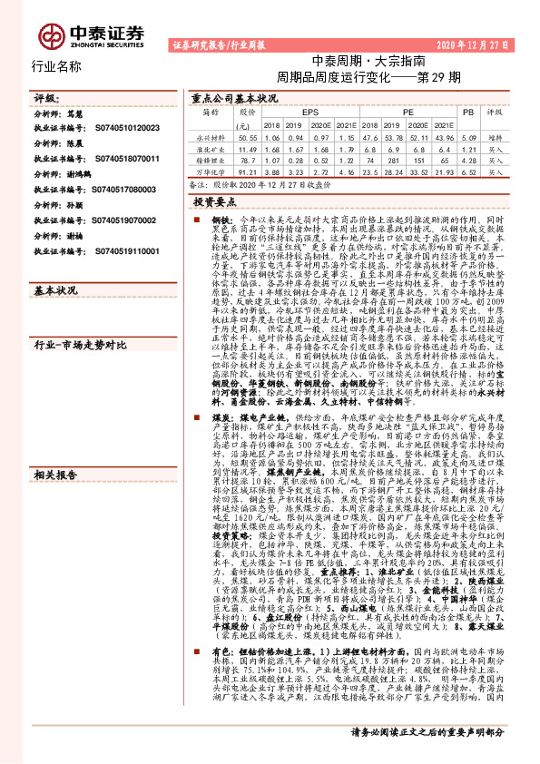 中泰周期·大宗指南第29期：周期品周度运行变化