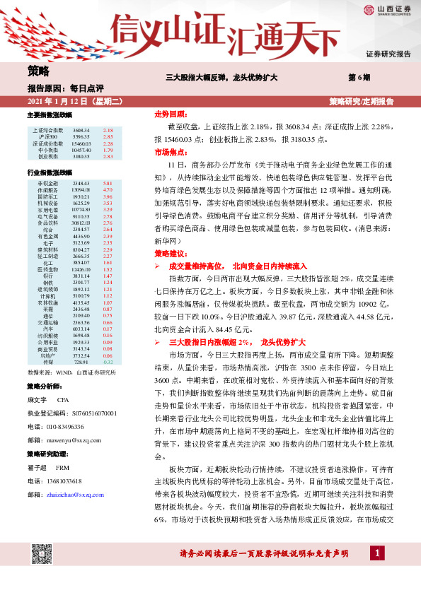 三大股指大幅反弹，龙头优势扩大