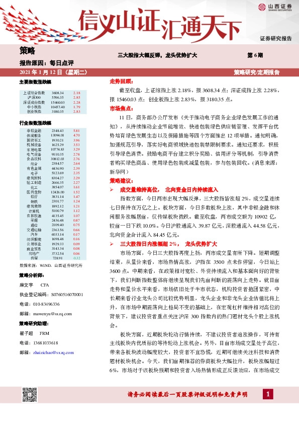 三大股指大幅反弹，龙头优势扩大