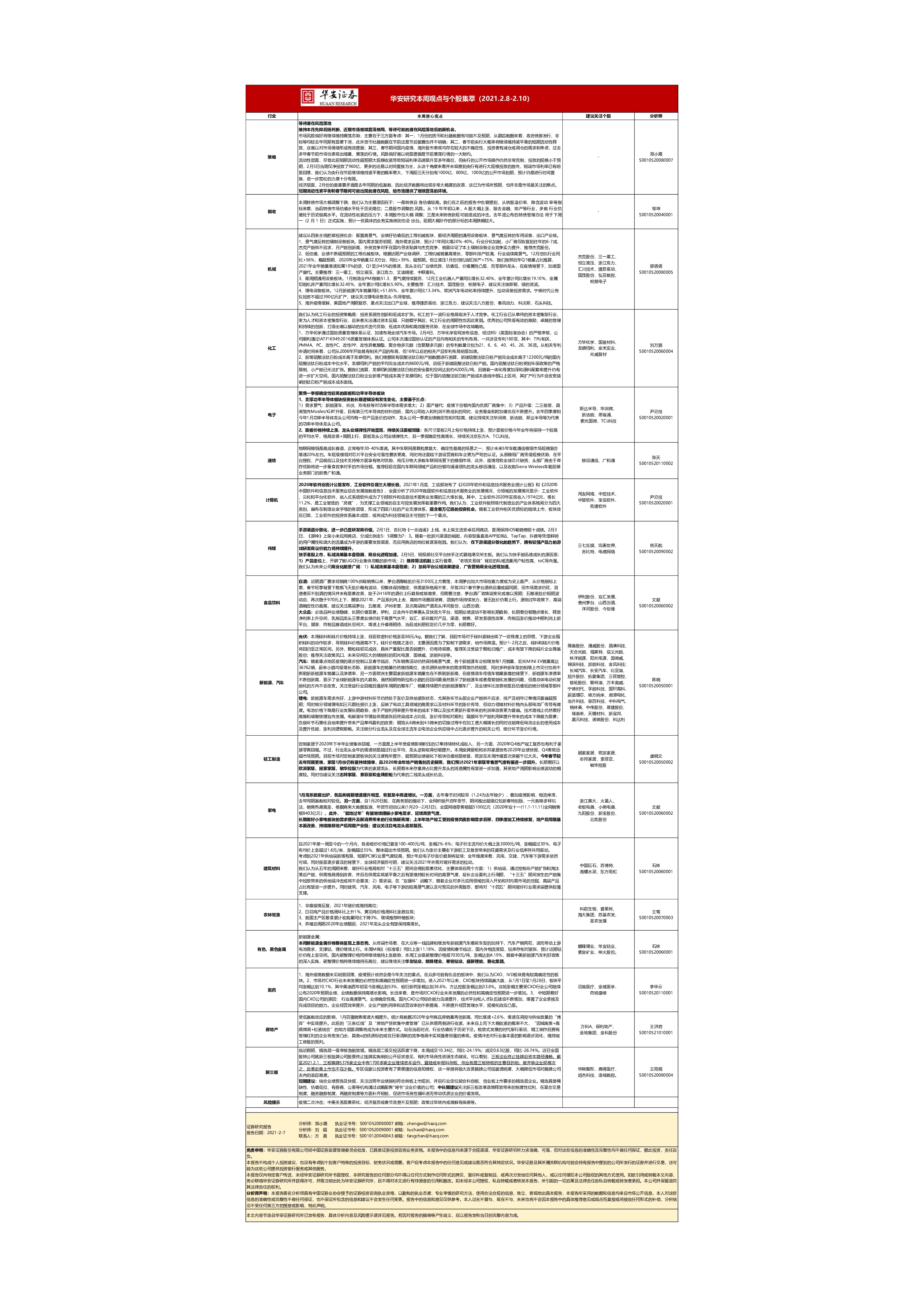 华安研究本周观点与个股集萃