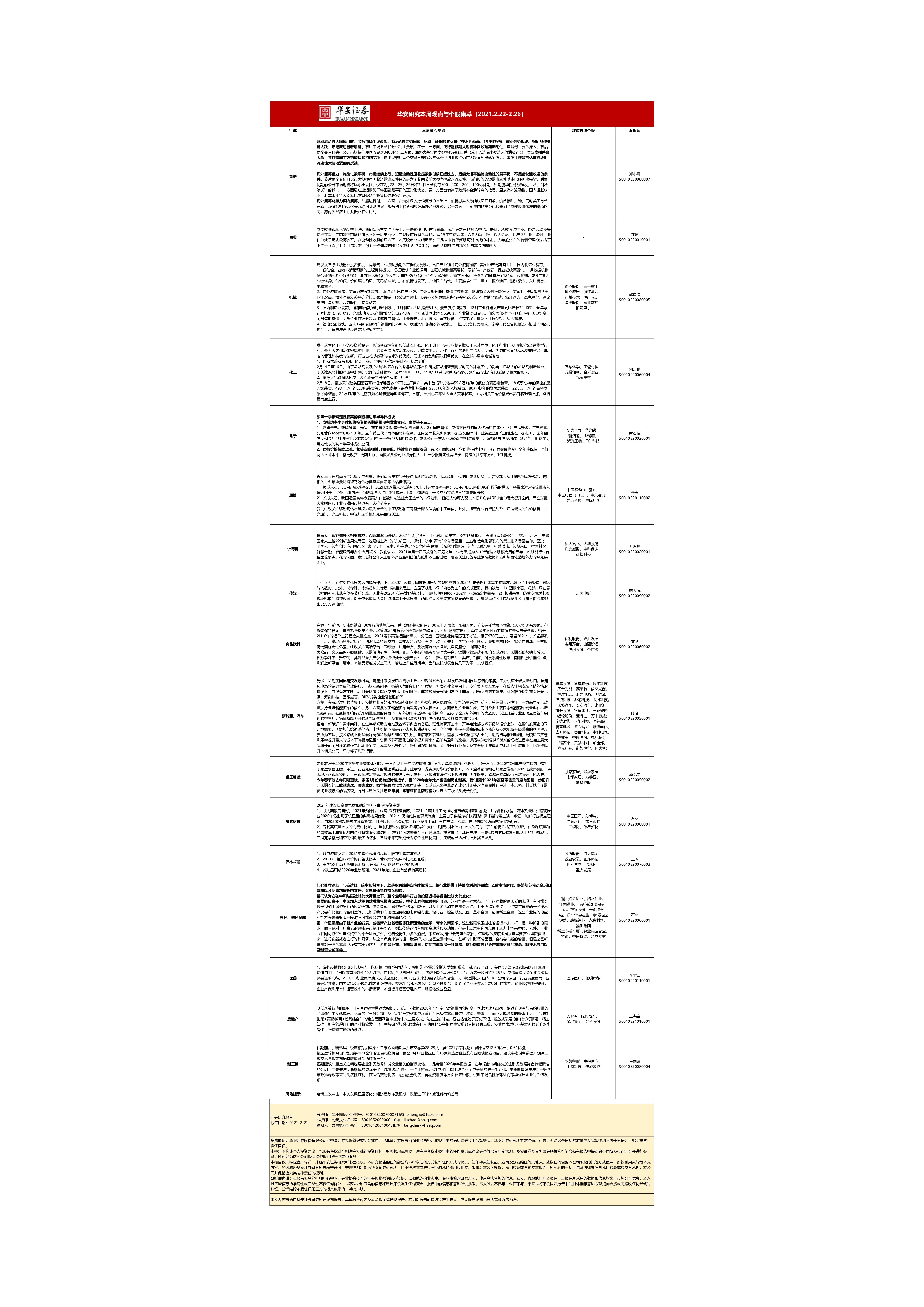 华安研究本周观点与个股集萃