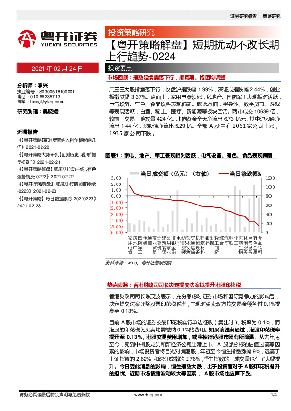 【粤开策略解盘】短期扰动不改长期上行趋势