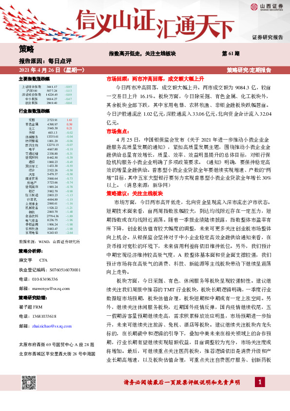 每日点评第61期：指数高开低走，关注主线板块