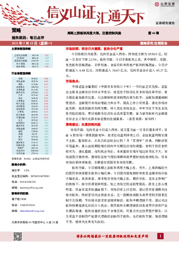 每日点评第66期：周期上游板块再度大涨，注意控制风险