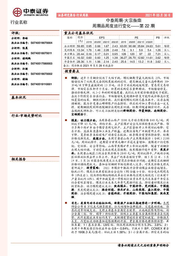 中泰周期·大宗指南第22期：周期品周度运行变化