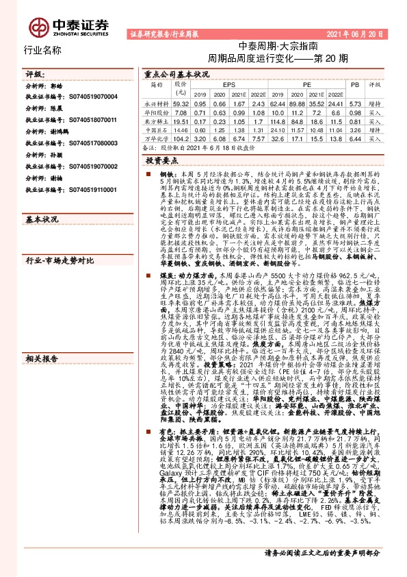 中泰周期·大宗指南第20期：周期品周度运行变化