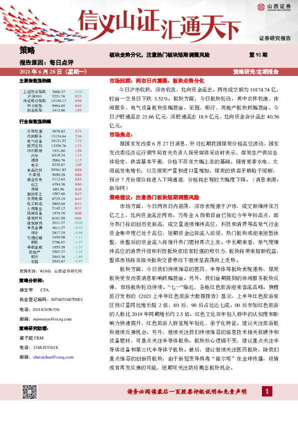 每日点评第92期：板块走势分化，注意热门板块短期调整风险