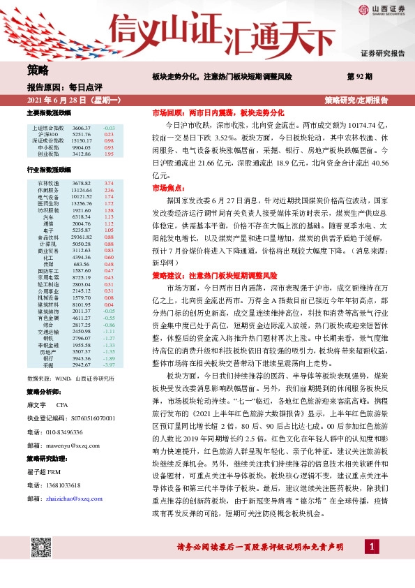 每日点评第92期：板块走势分化，注意热门板块短期调整风险