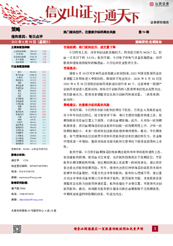 每日点评：热门板块拉升，注意部分标的高估风险