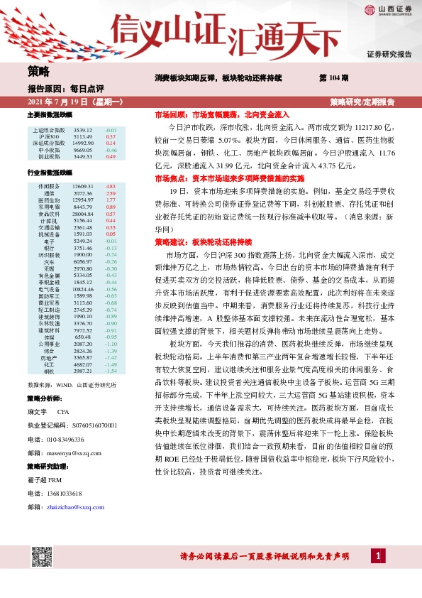 每日点评：消费板块如期反弹，板块轮动还将持续