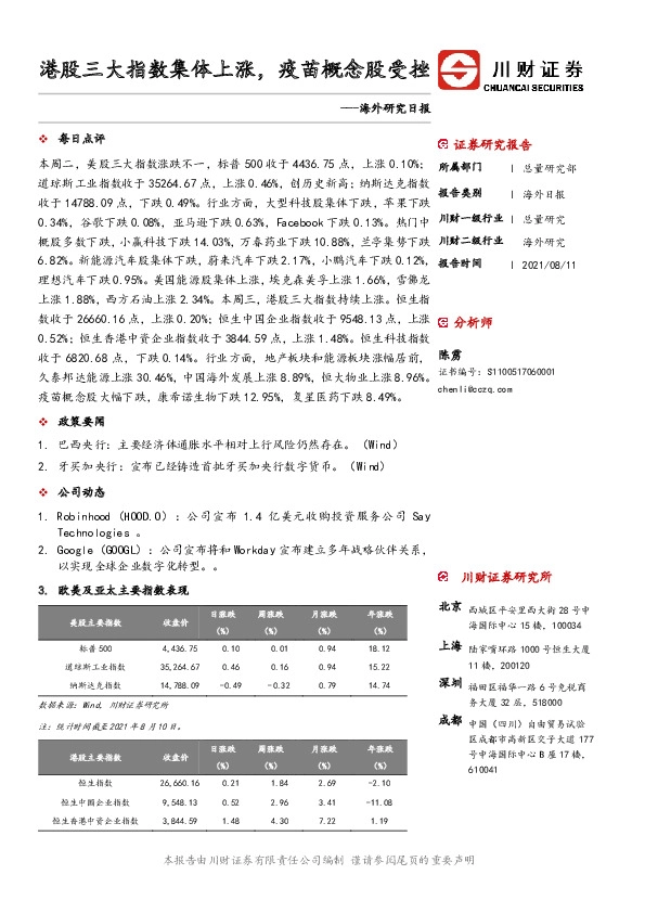 海外研究日报：港股三大指数集体上涨，疫苗概念股受挫