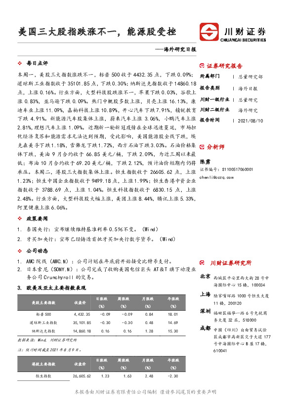 海外研究日报：美国三大股指跌涨不一，能源股受挫