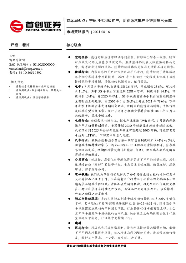市场策略报告：首席周观点：宁德时代积极扩产，新能源汽车产业链高景气无虞