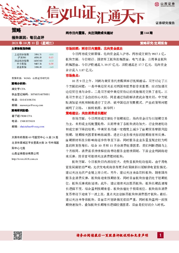 每日点评：两市日内震荡，关注消费成长题材