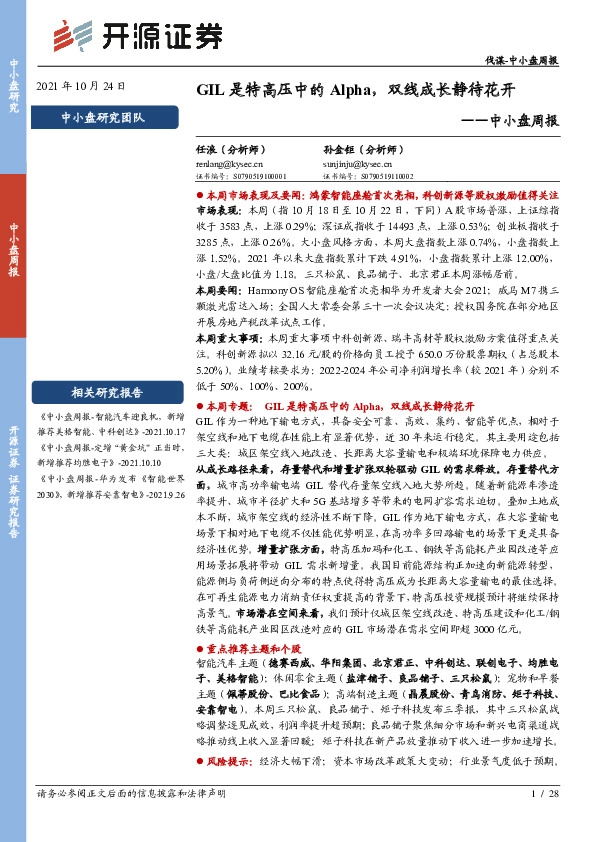 中小盘周报：GIL是特高压中的Alpha，双线成长静待花开
