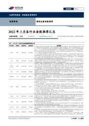 金股推荐：2022年3月各行业金股推荐汇总
