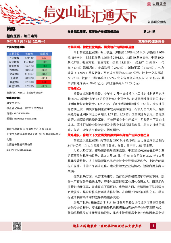 每日点评第234期：指数低位震荡，煤炭地产传媒涨幅居前