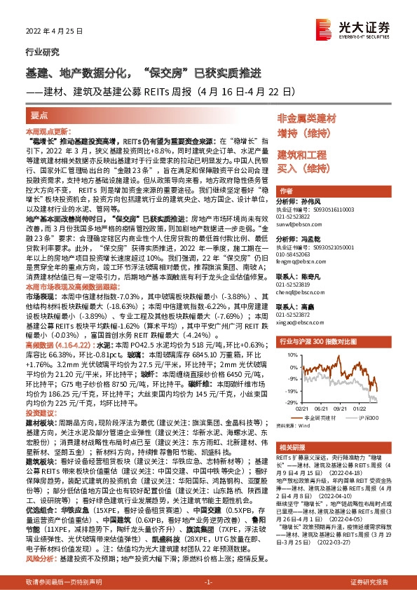 建材、建筑及基建公募REITs周报：基建、地产数据分化，“保交房”已获实质推进