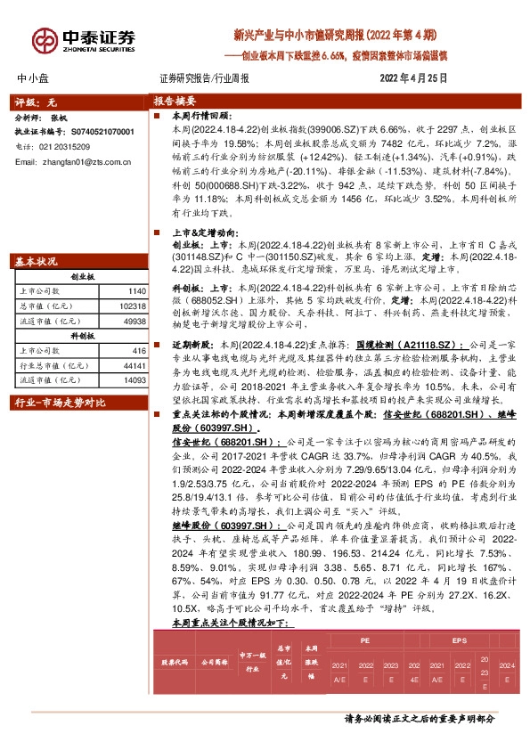新兴产业与中小市值研究周报（2022年第4期）：创业板本周下跌重挫6.66%，疫情因素整体市场偏谨慎