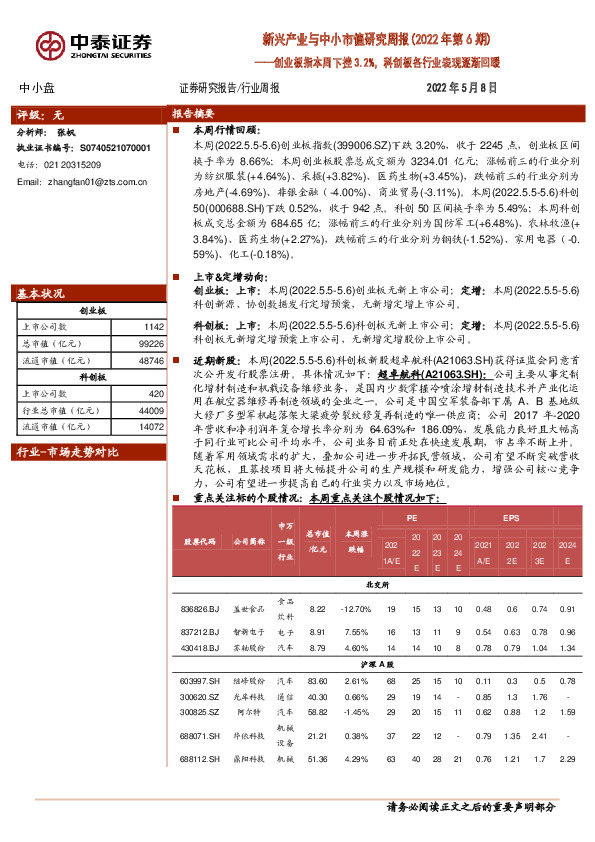 新兴产业与中小市值研究周报（2022年第6期）：创业板指本周下挫3.2%，科创板各行业表现逐渐回暖
