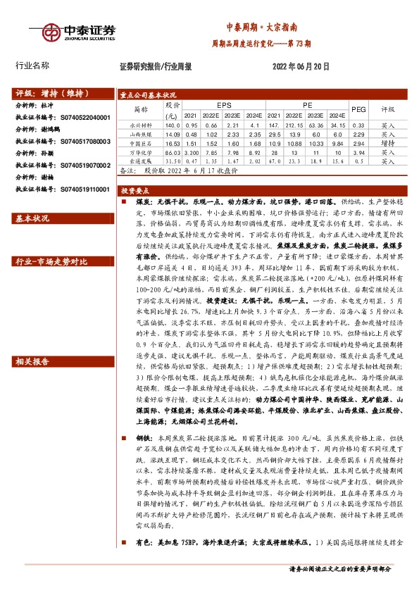 中泰周期·大宗指南周期品周度运行变化——第73期