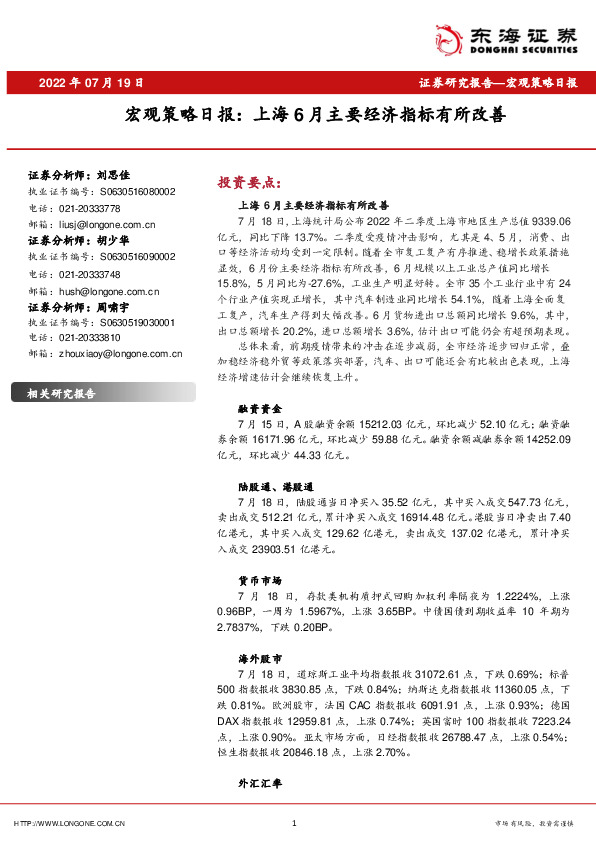 宏观策略日报：上海6月主要经济指标有所改善