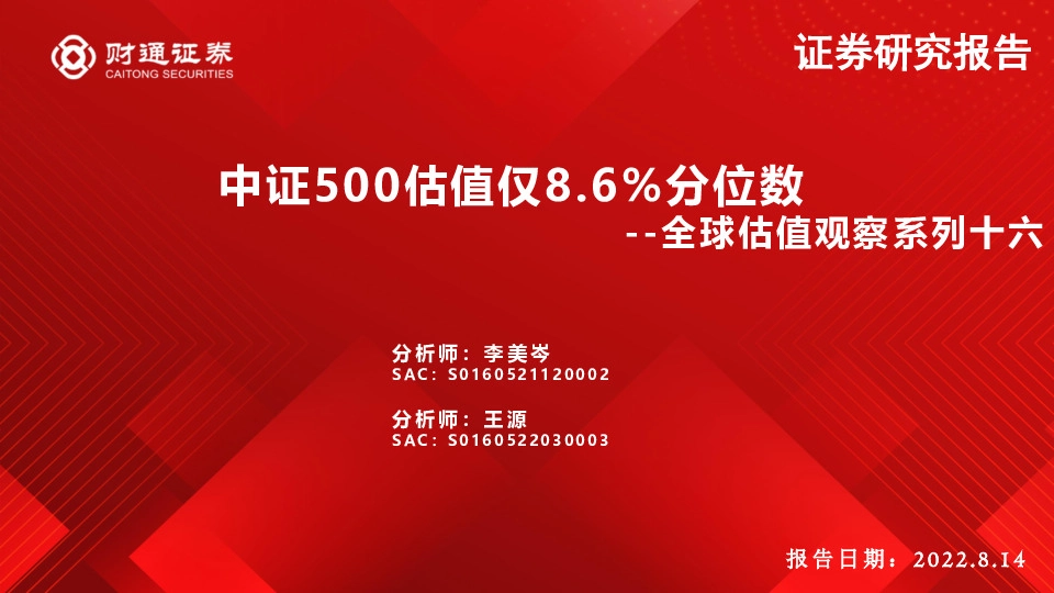 全球估值观察系列十六：中证500估值仅8.6%分位数