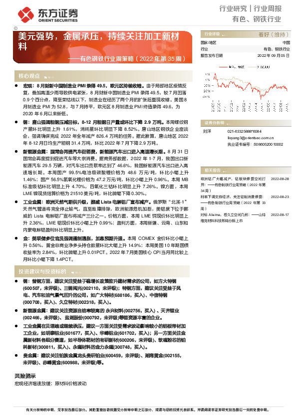 有色钢铁行业周策略（2022年第35周）：美元强势，金属承压，持续关注加工新材料