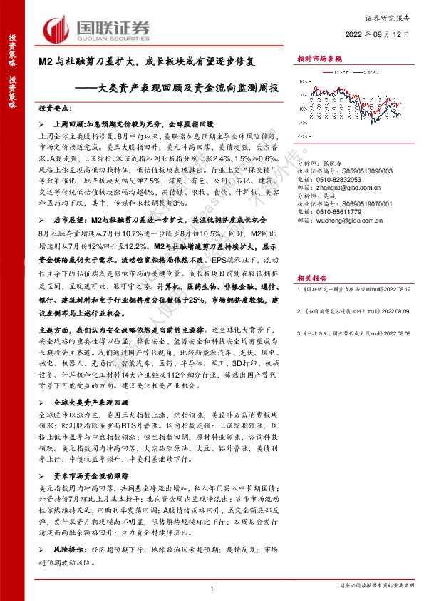 大类资产表现回顾及资金流向监测周报：M2与社融剪刀差扩大，成长板块或有望逐步修复