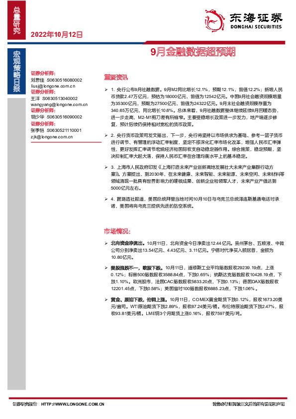 宏观策略日报：9月金融数据超预期